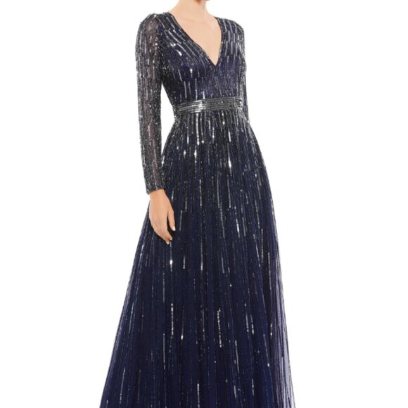 MAC DUGGAL 4977 SEQUINED V-NECK ILLUSIONS A-LINE MIDNIGHT GOWN sz 12 - Picture 3 of 5